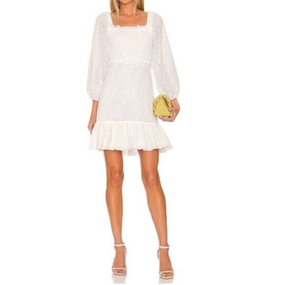 Veronica Beard Denise Dress White Eyelet Smocked Mini 2 Ruffle Hem - Picture 1 of 12